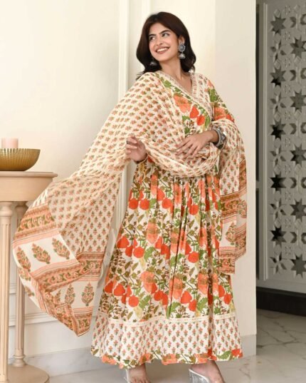 Orange Beige Cotton Suit Set